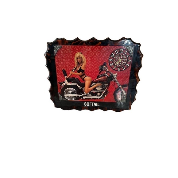 Vintage 1986 handmade clock with woman on Harley Davidson motorcycle
